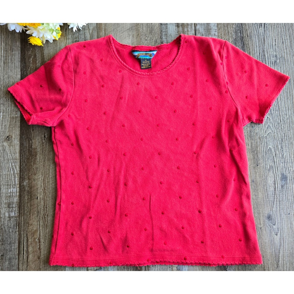 Vintage Y2K Shaver Lake Red Embroidered Dot Short Sleeve Cotton‎ Top Size S